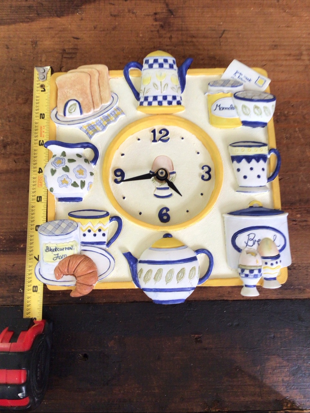 Hand-Painted Yellow / Blue ceramic Kitchen Wall Clock -1997  cute Retro